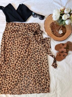 e.ssue Leopard Print Midi Skirt Medium Tie Waist Animal Print Satin Skirt